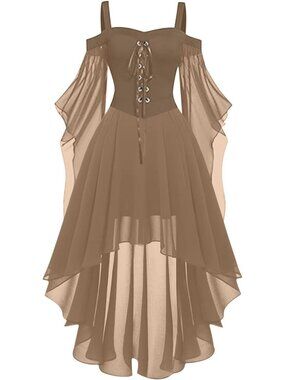 Women's Gothic Witch Renaissance Vampire Dress Mesh Butterfly Sleeve-Khaki